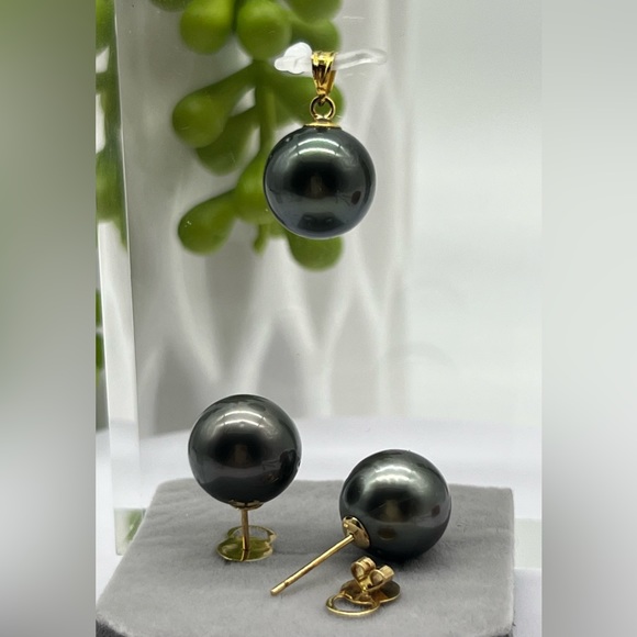 12.8mm South Sea Pearl Tahitian Blk Stud Earrings  with 13.2mm Pendant  … - Picture 7 of 15